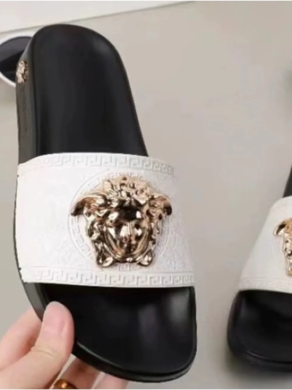 Versace White Strap Black Footbed Gold Medusa Slide Sandals